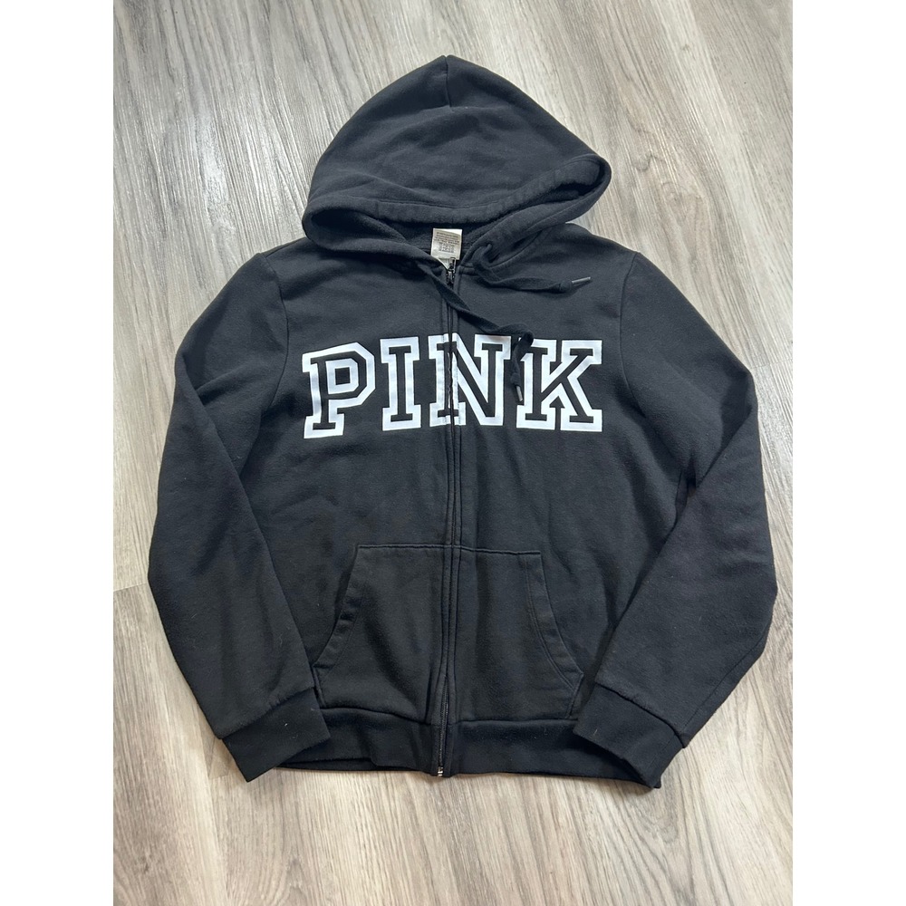 PINK Victoria's Secret Black Full Zip Logo Hoodie Sweatshirt Medium t2k lounge M